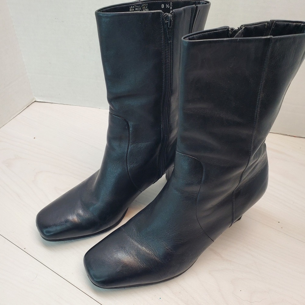 Easy Spirit Bandit Black Leather Mid Calf Block Heel Boots Made in Brazil 8.5 B